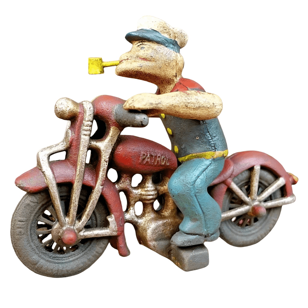 Popeye Sailor Man Patrol Motorcycle Figurine Cast Iron Painted With Antique Finish (8" x 6") - Jones Peak