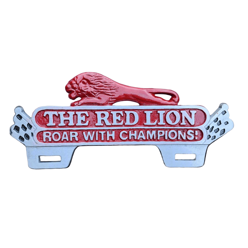 Red Lion Roar With Champions License Plate Aluminum FOB Topper (9.75" x 11") - Jones Peak