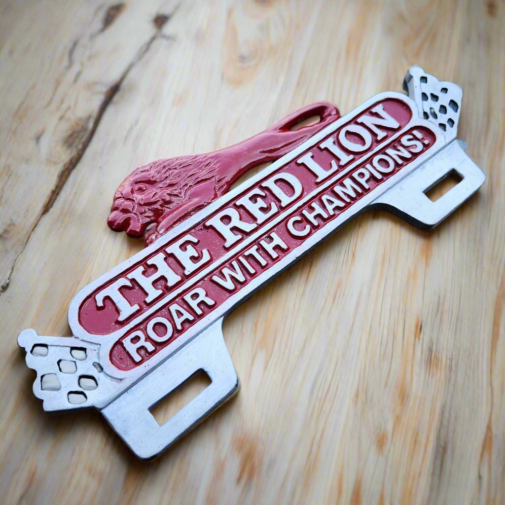 Red Lion Roar With Champions License Plate Aluminum FOB Topper (9.75" x 11") - Jones Peak