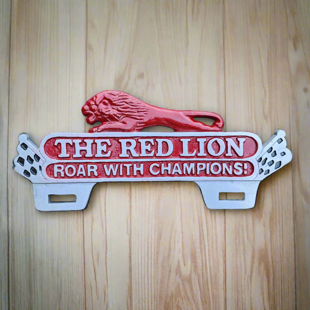 Red Lion Roar With Champions License Plate Aluminum FOB Topper (9.75" x 11") - Jones Peak