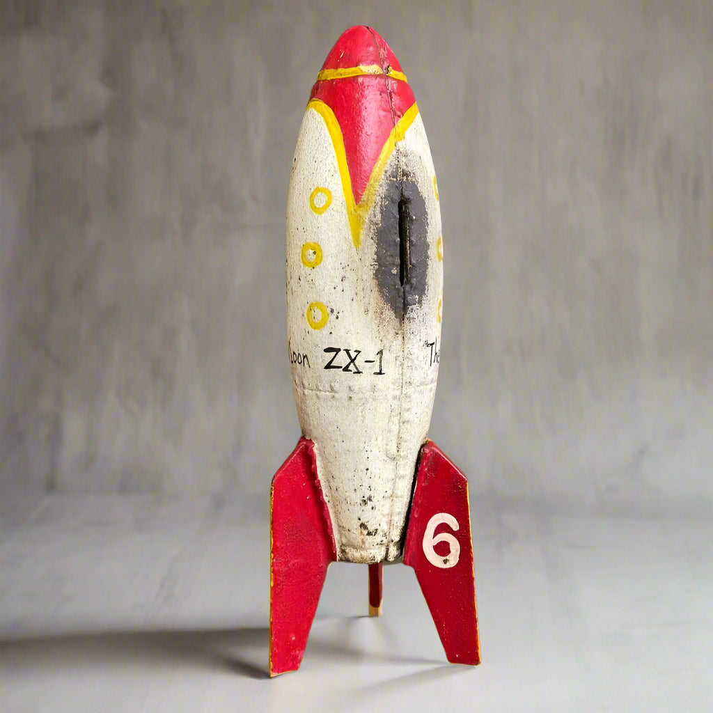 Rocket To The Moon Cast Iron Coin Bank With Painted Antique Finish (9" x 3") - Jones Peak