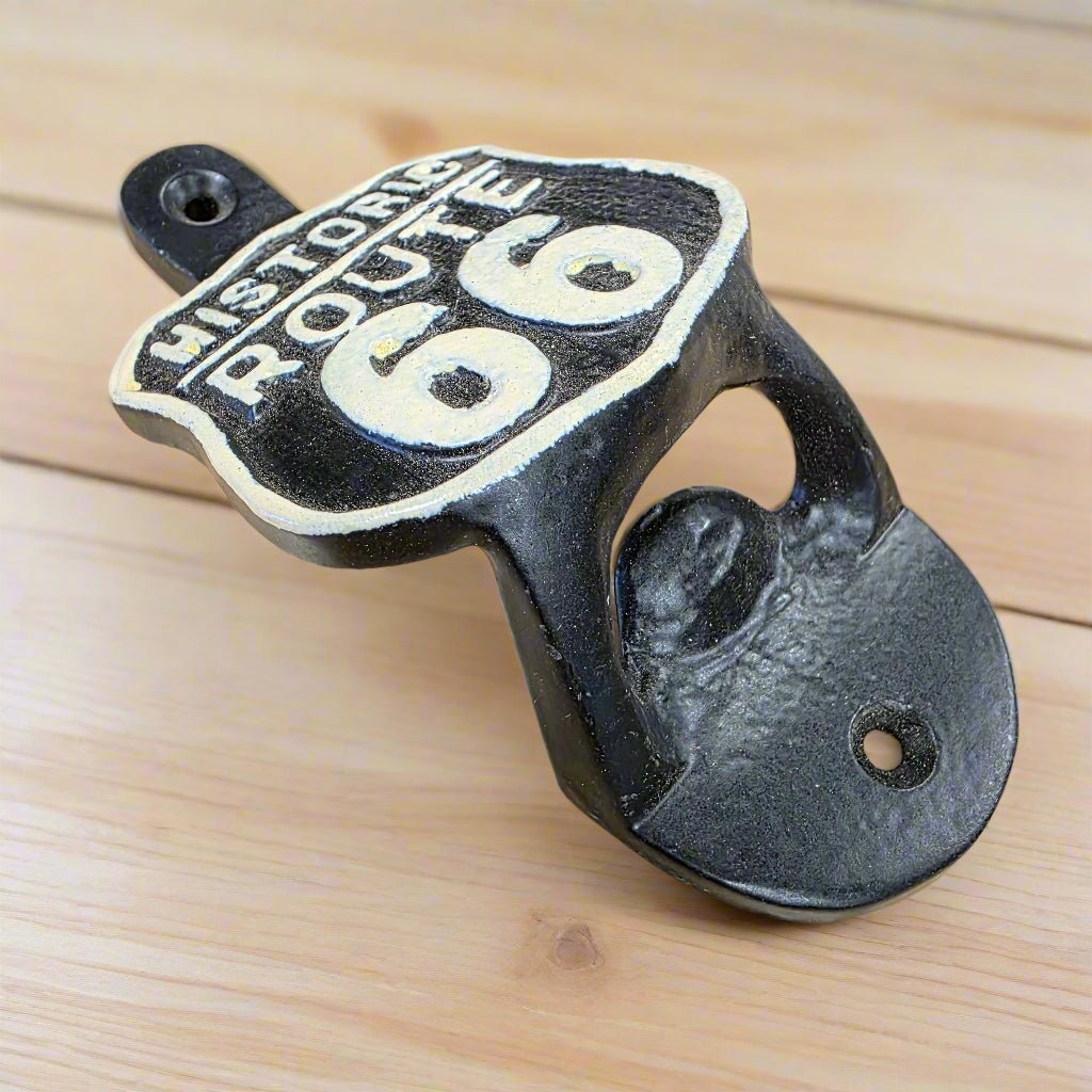 Route 66 Cast Iron Wall Mounted Bottle Opener With Raised Detail (4.5" x 2.25") - Jones Peak