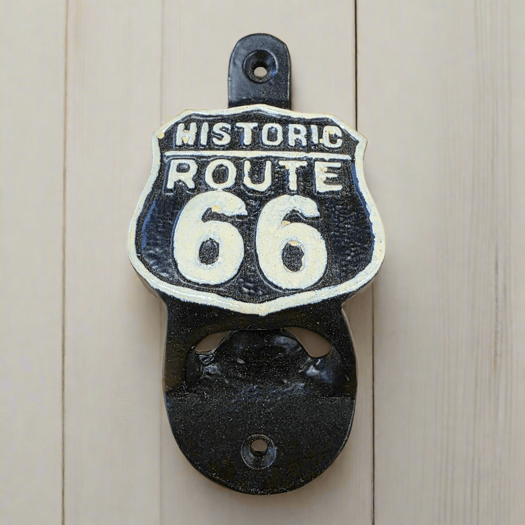 Route 66 Cast Iron Wall Mounted Bottle Opener With Raised Detail (4.5" x 2.25") - Jones Peak
