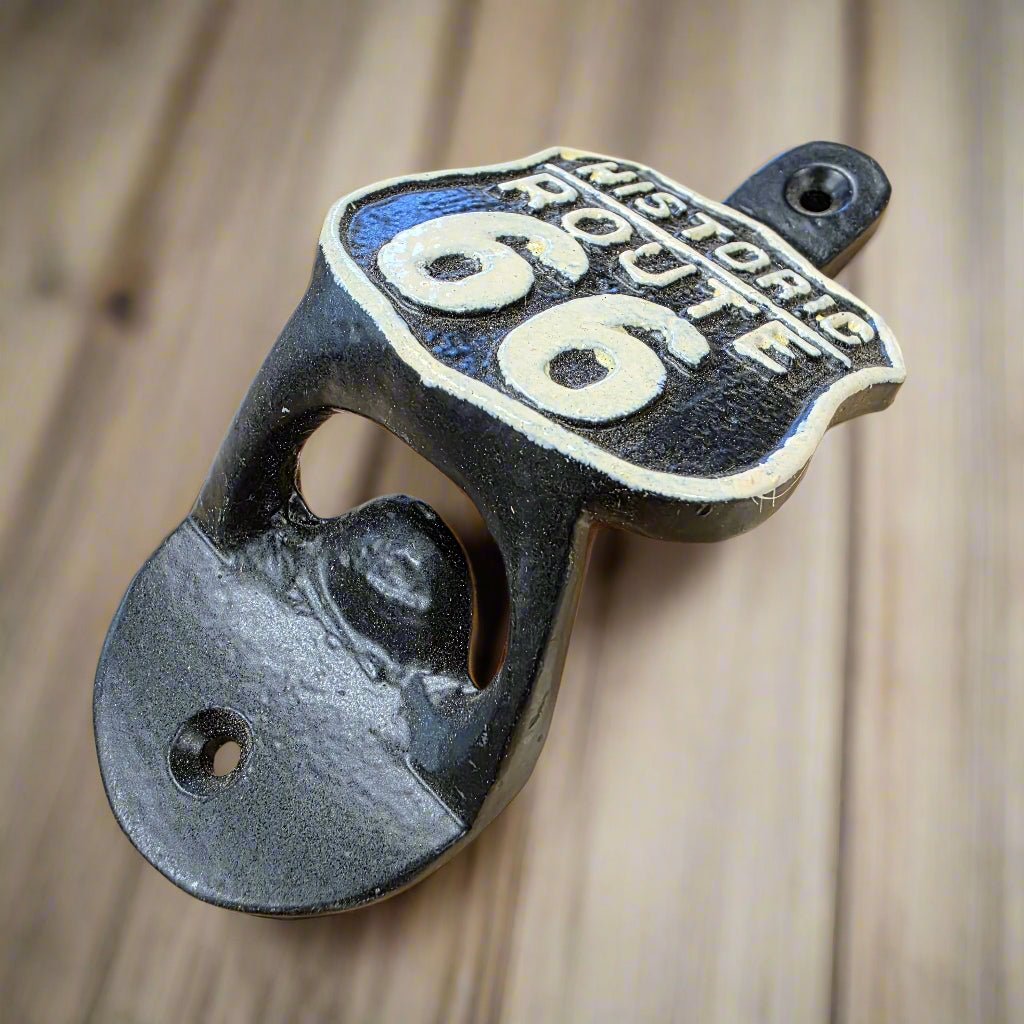Route 66 Cast Iron Wall Mounted Bottle Opener With Raised Detail (4.5" x 2.25") - Jones Peak