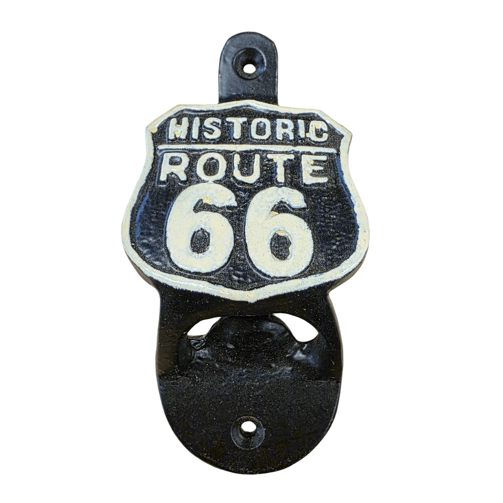 Route 66 Cast Iron Wall Mounted Bottle Opener With Raised Detail (4.5" x 2.25") - Jones Peak