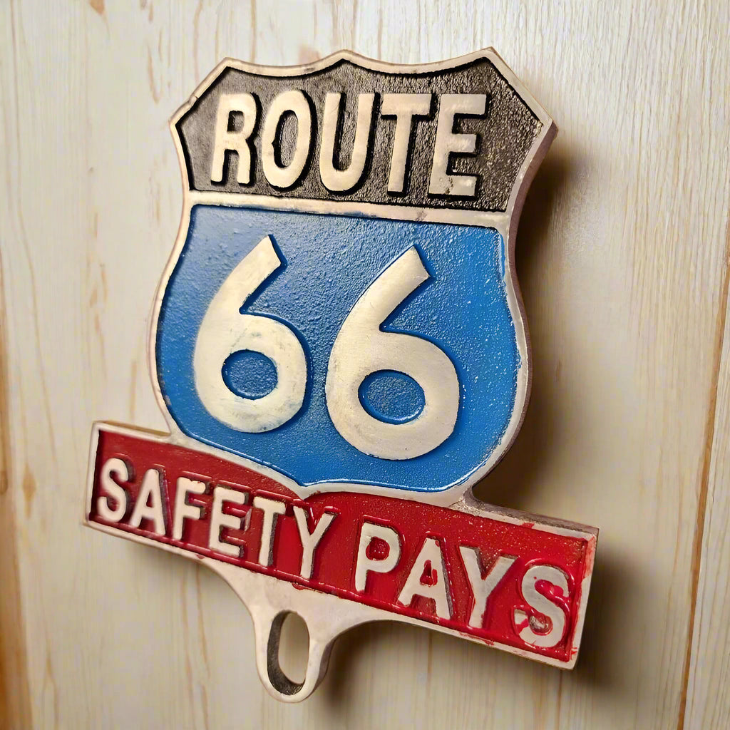 Route 66 Safety Pays License Plate FOB Topper With Raised Letters And Antique Finish (6" x 5") - Jones Peak