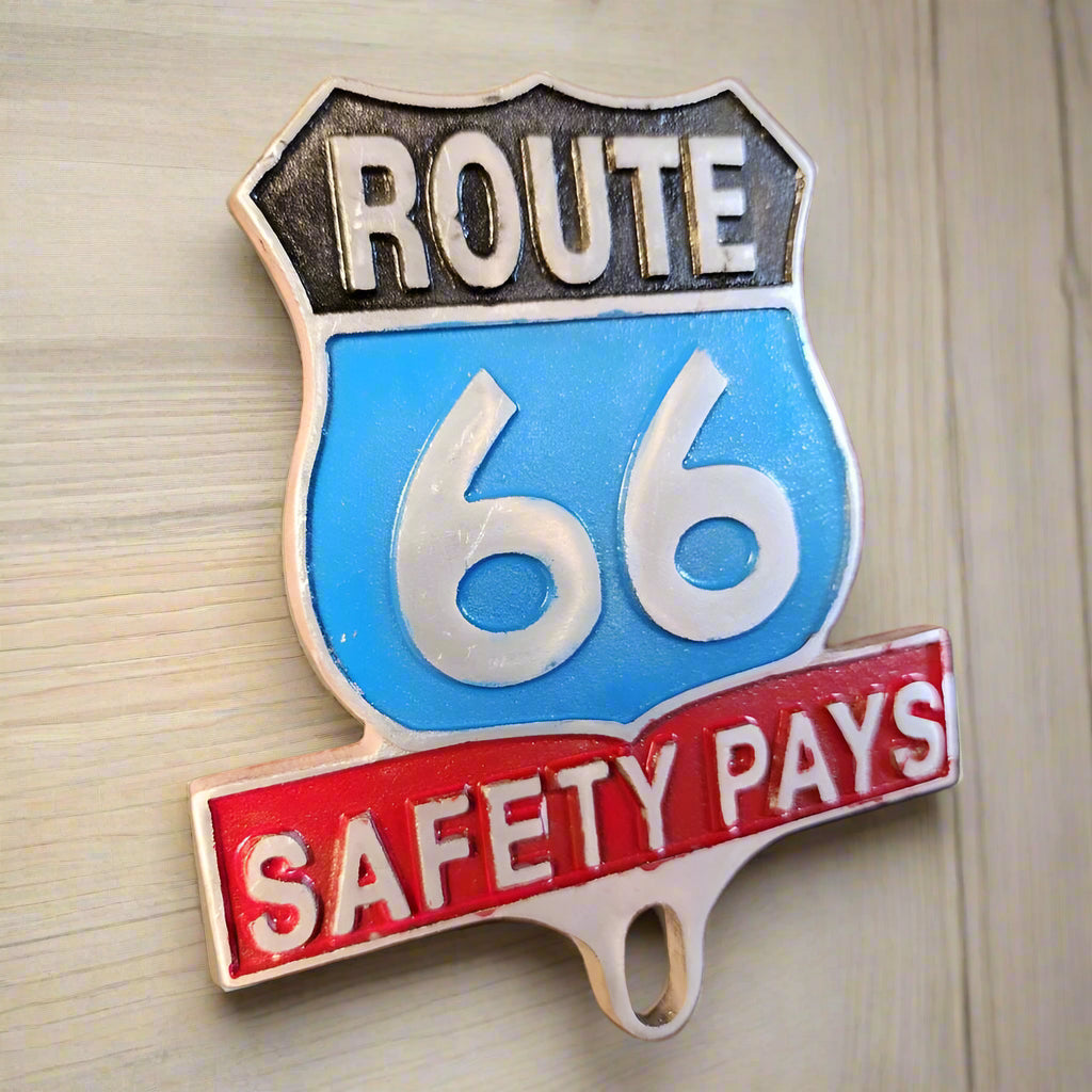 Route 66 Safety Pays License Plate FOB Topper With Raised Letters And Antique Finish (6" x 5") - Jones Peak