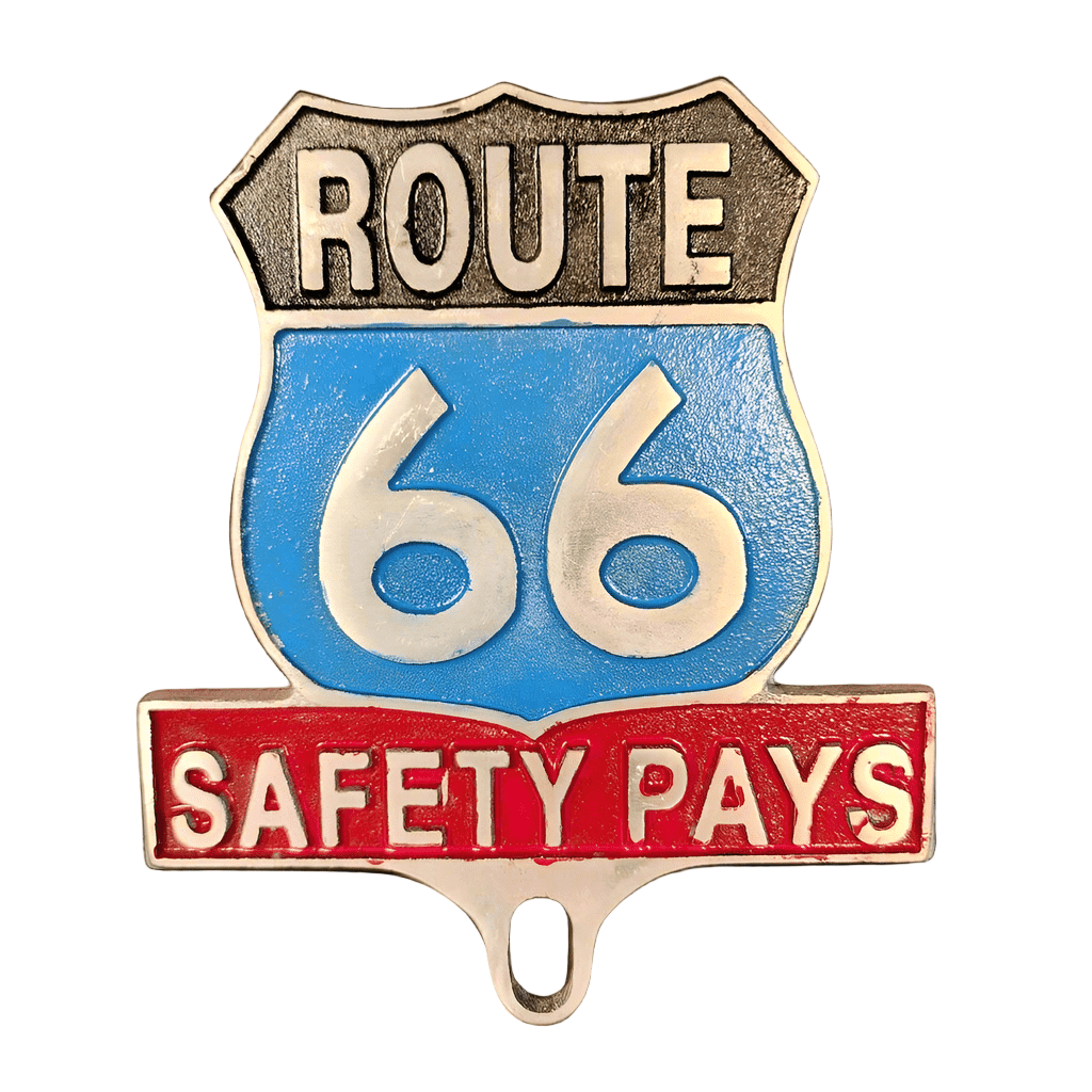 Route 66 Safety Pays License Plate FOB Topper With Raised Letters And Antique Finish (6" x 5") - Jones Peak