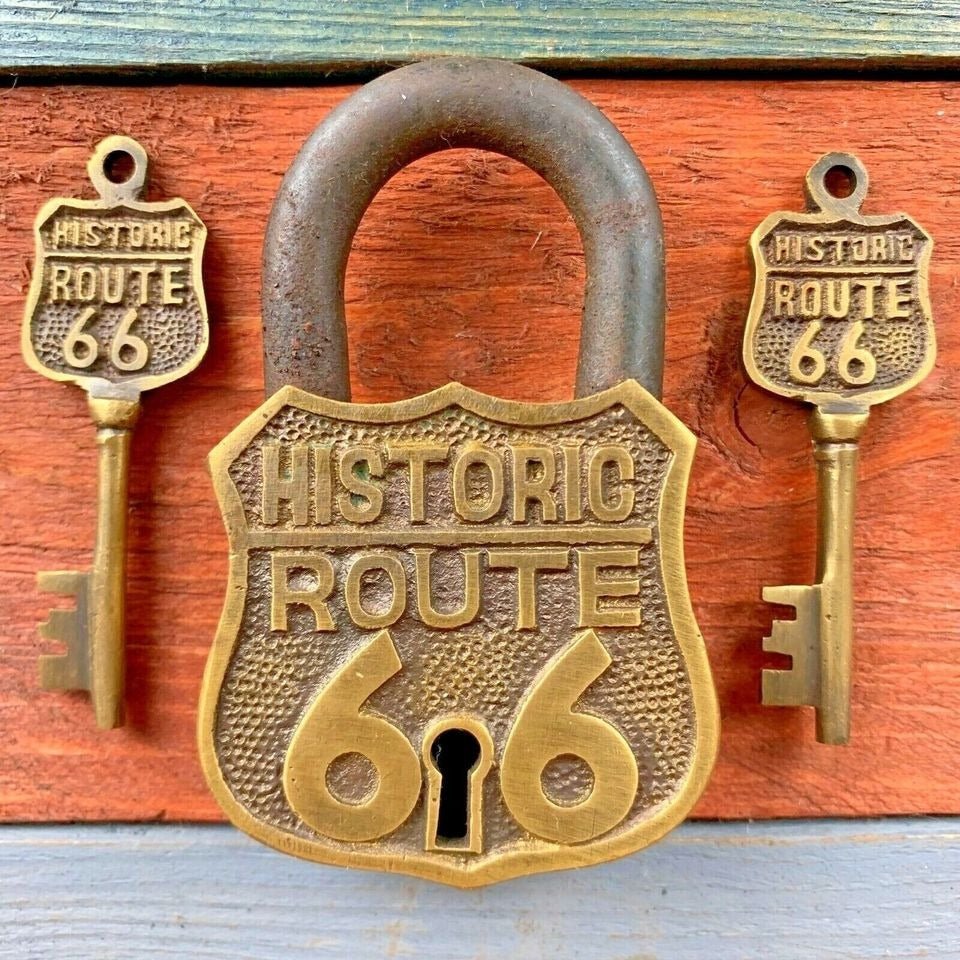 Route 66 Solid Brass Lock & Keys With Embossed Lettering (3.5" x 2.25") - Jones Peak