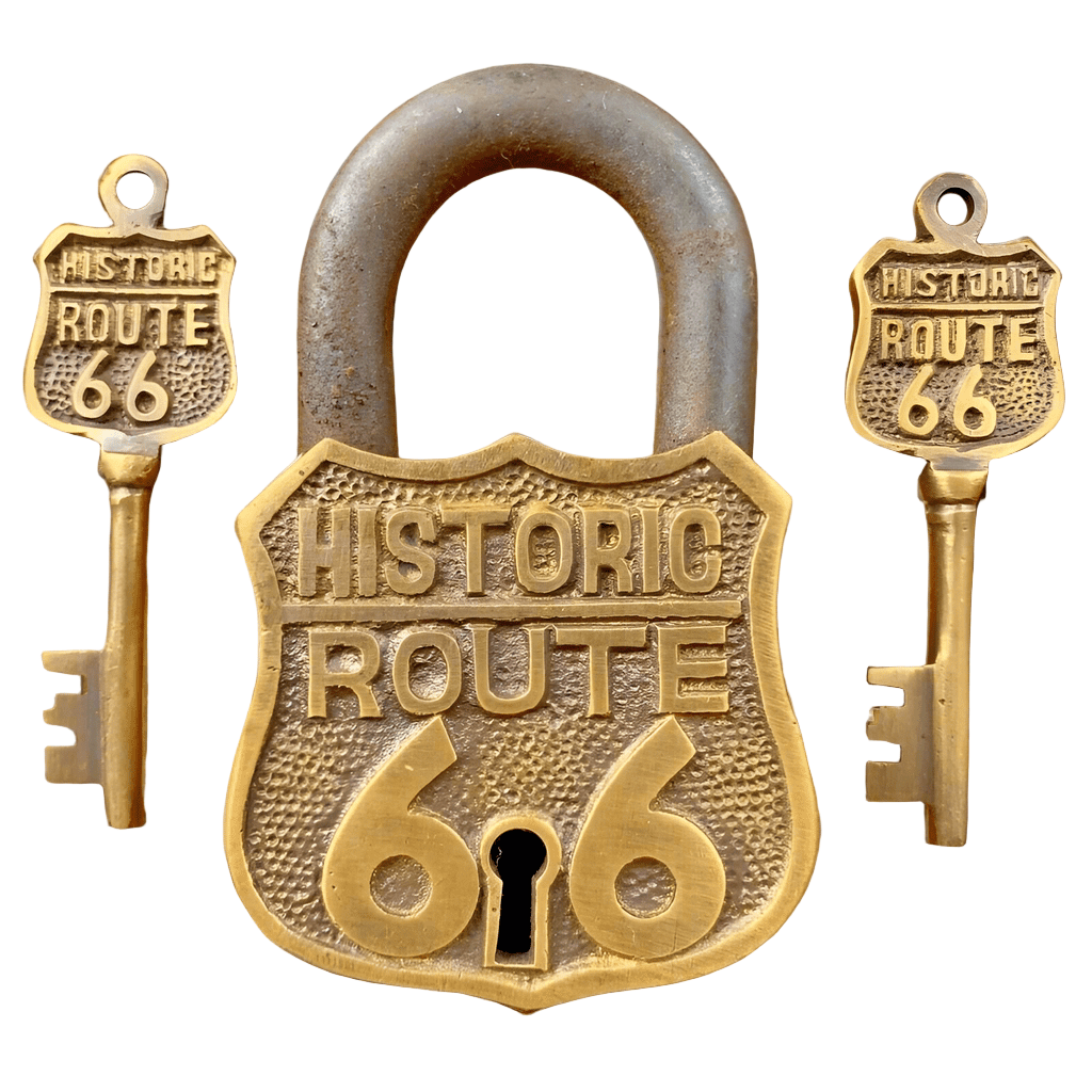 Route 66 Solid Brass Lock & Keys With Embossed Lettering (3.5" x 2.25") - Jones Peak