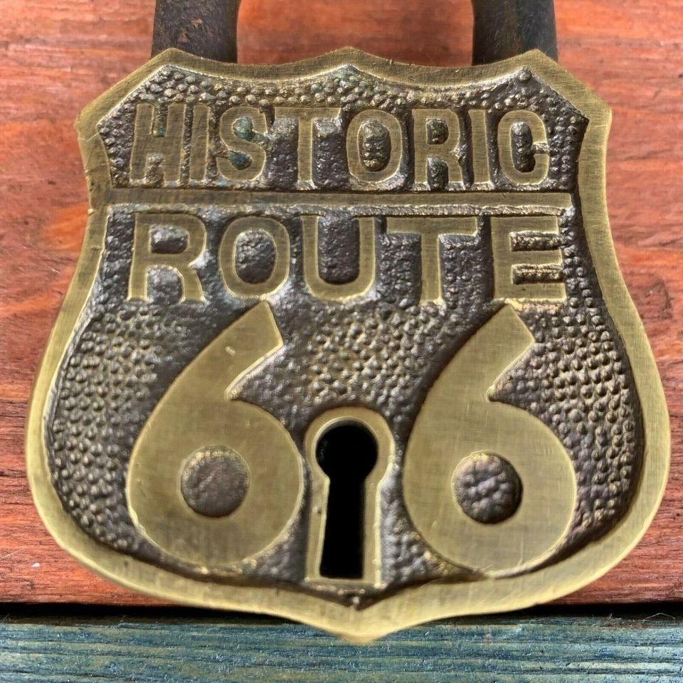 Route 66 Solid Brass Lock & Keys With Embossed Lettering (3.5" x 2.25") - Jones Peak