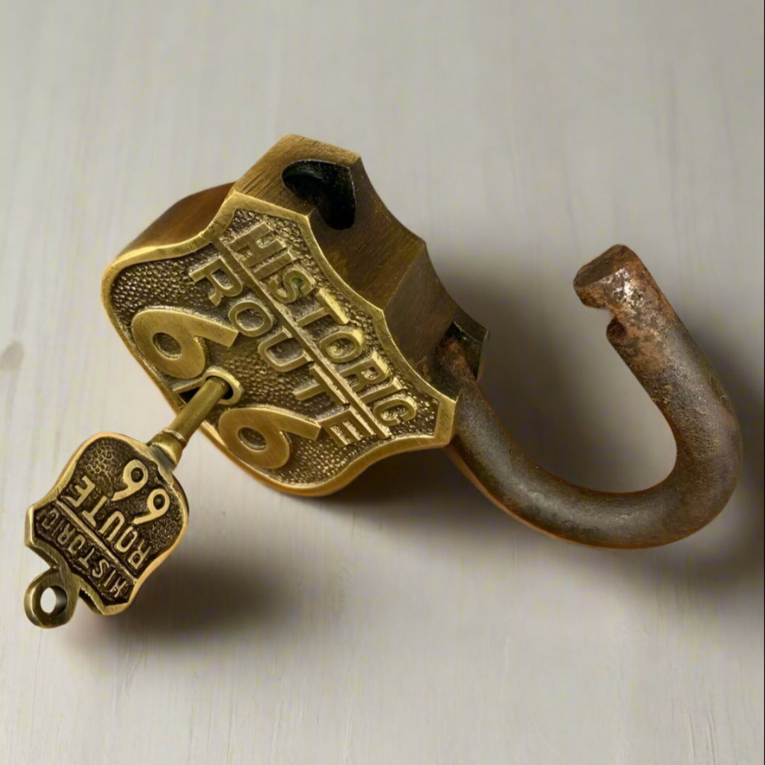 Route 66 Solid Brass Lock & Keys With Embossed Lettering (3.5" x 2.25") - Jones Peak