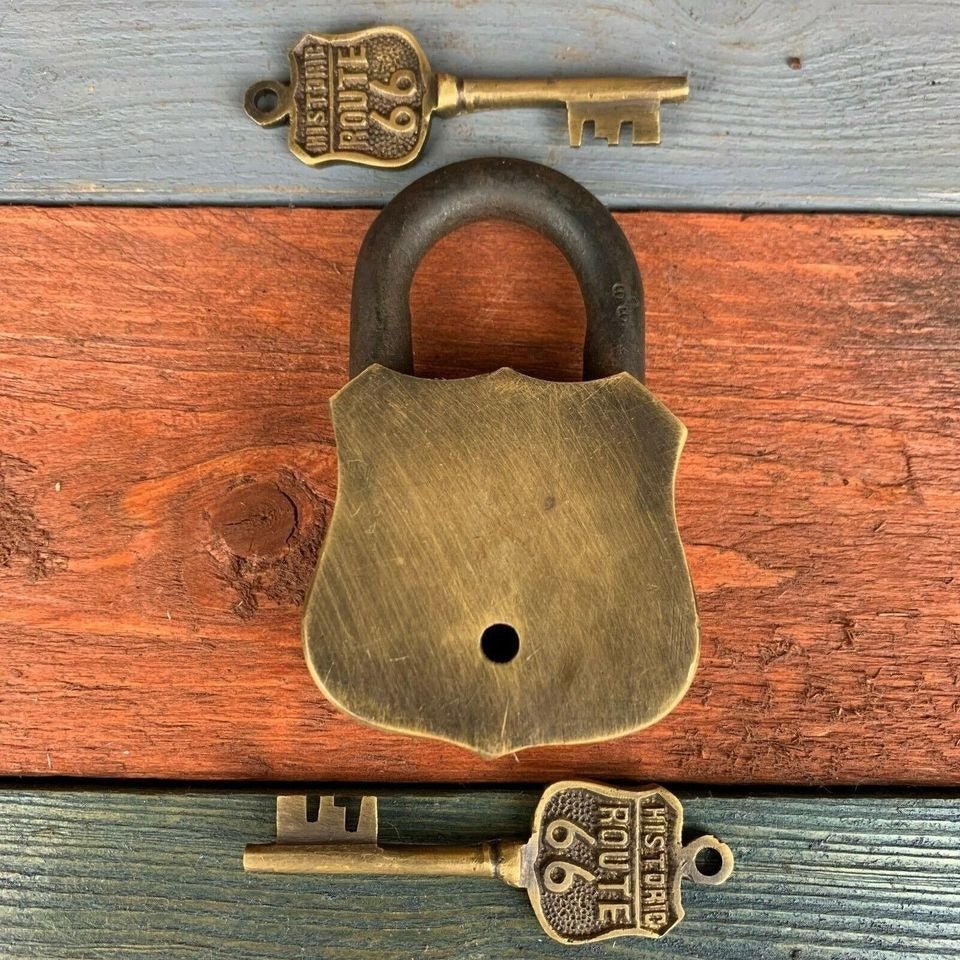 Route 66 Solid Brass Lock & Keys With Embossed Lettering (3.5" x 2.25") - Jones Peak