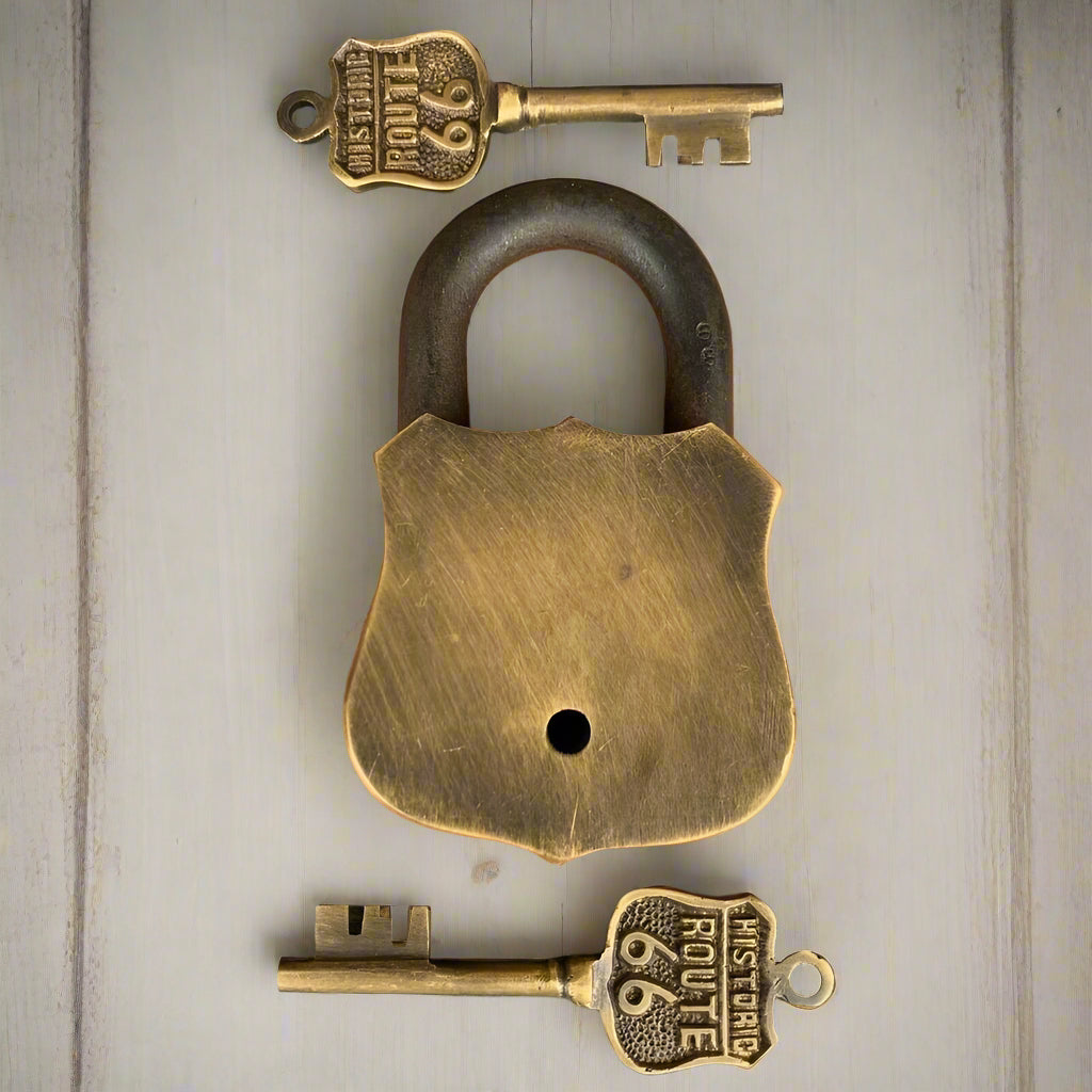 Route 66 Solid Brass Lock & Keys With Embossed Lettering (3.5" x 2.25") - Jones Peak