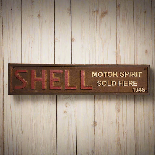 Shell 1946 Cast Iron Embossed Plaque With Painted Antique Finish (13.25" x 3") - Jones Peak