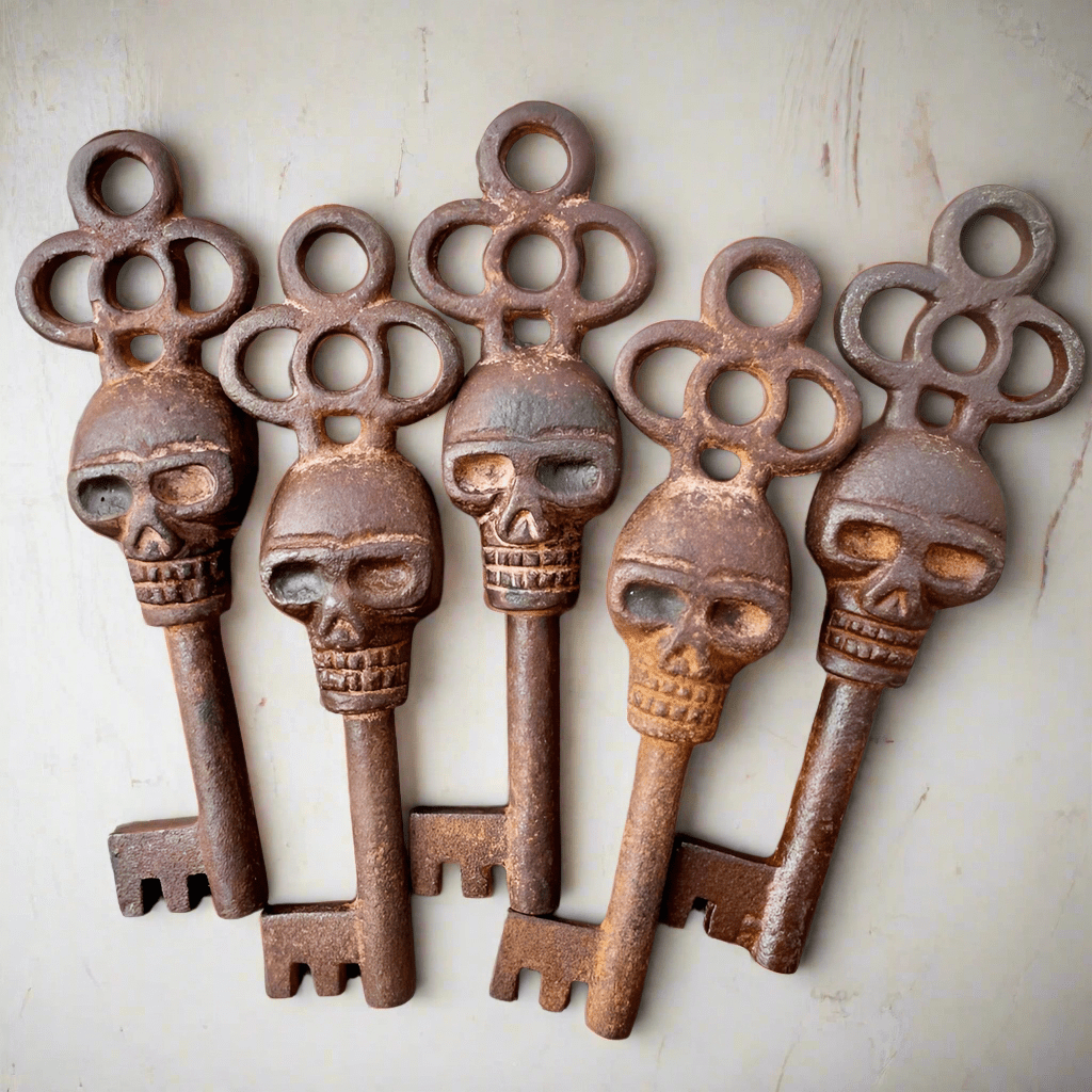 Skull Cast Iron Skeleton Keys With Raised Detail & Antique Finish (Set of 5) - Jones Peak
