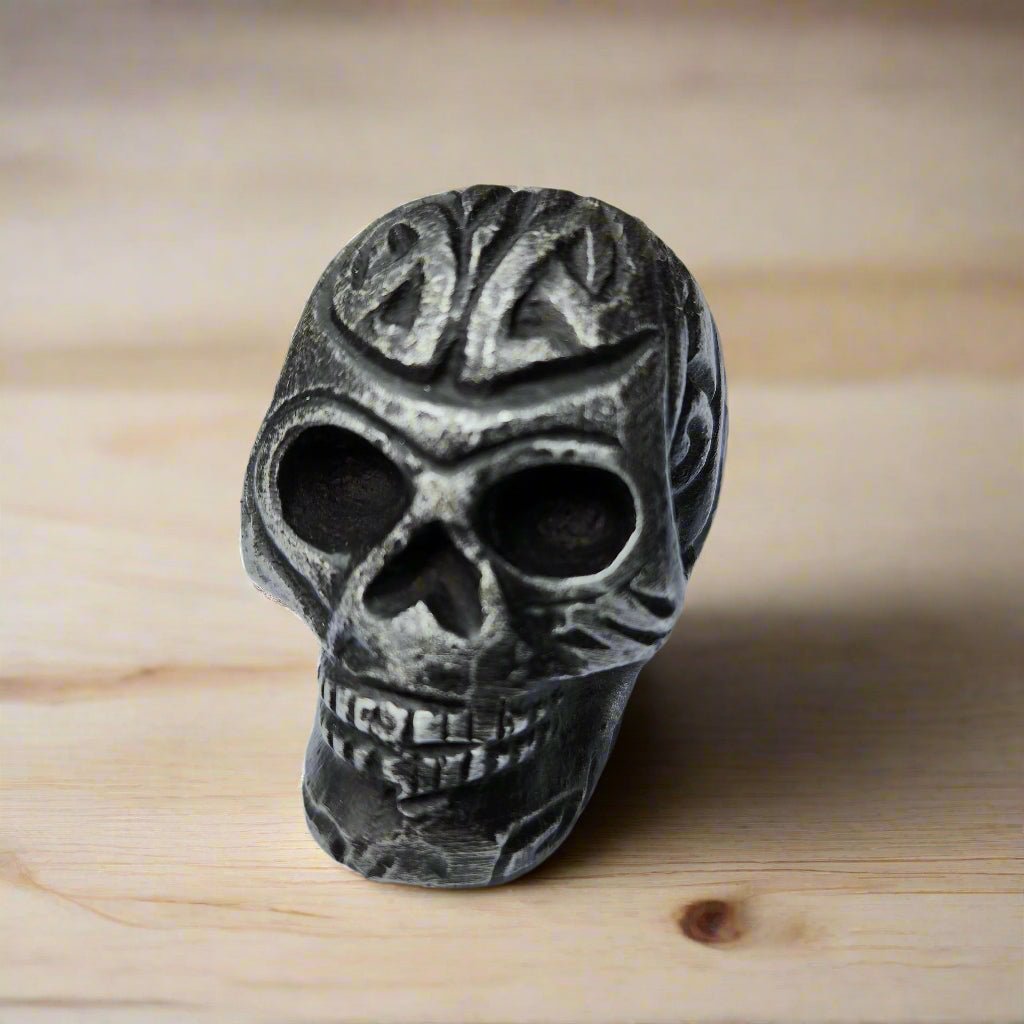 Skull Paperweight Aluminum With Raised Detail & Antique Finish (2" x 1.75") - Jones Peak