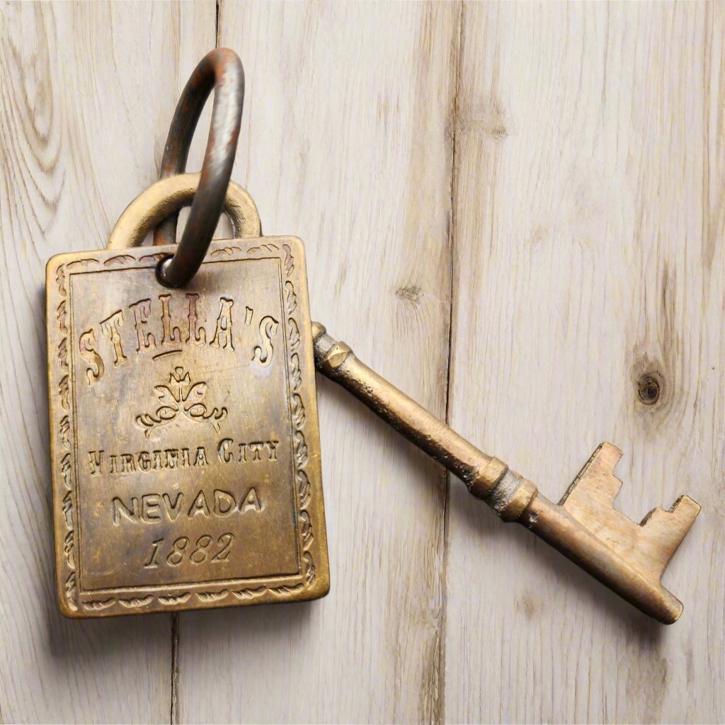 Stella's Virginia City Nevada Brothel Room Brass Tag & Key With Antique Finish (6.5" Long) - Jones Peak