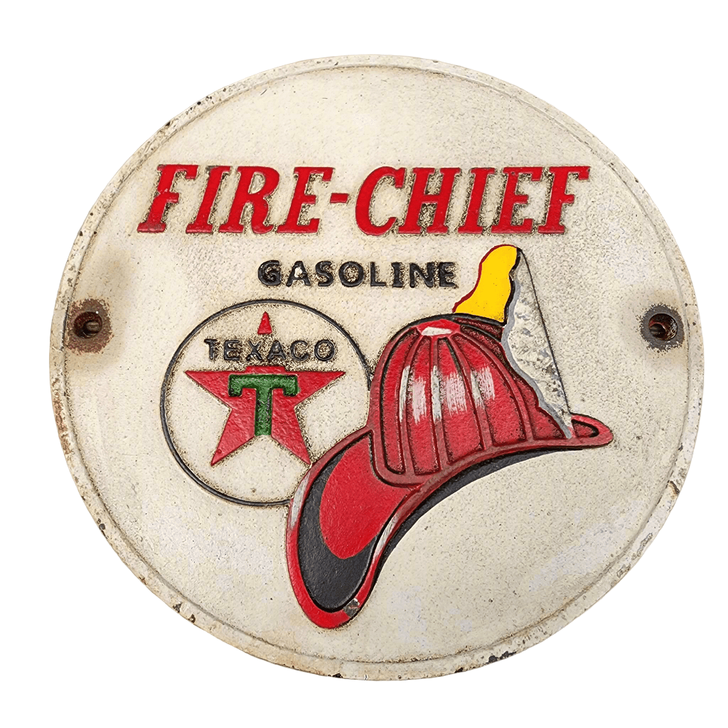 Texaco Fire Chief Cast Iron Plaque With Painted Antique Finish (9.5" Round) - Jones Peak