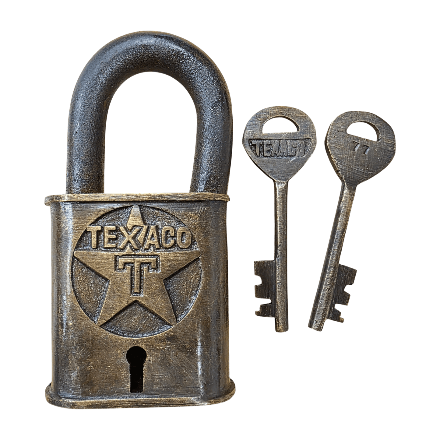 Texaco Station Solid Brass Lock With Keys & Antique Finish (3" x 2") - Jones Peak