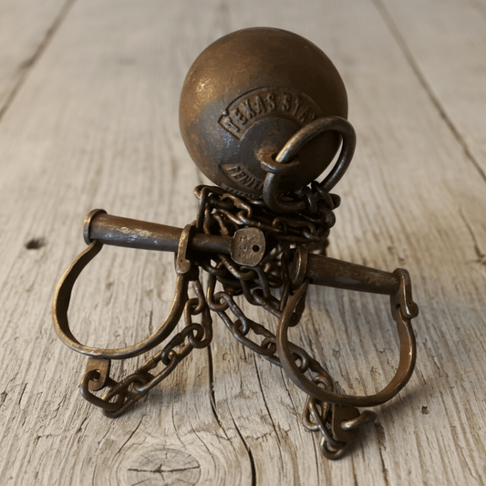 Texas State Penitentiary Cast Iron Working Ball & Chain Leg Irons With Antique Finish (28" Long) - Jones Peak