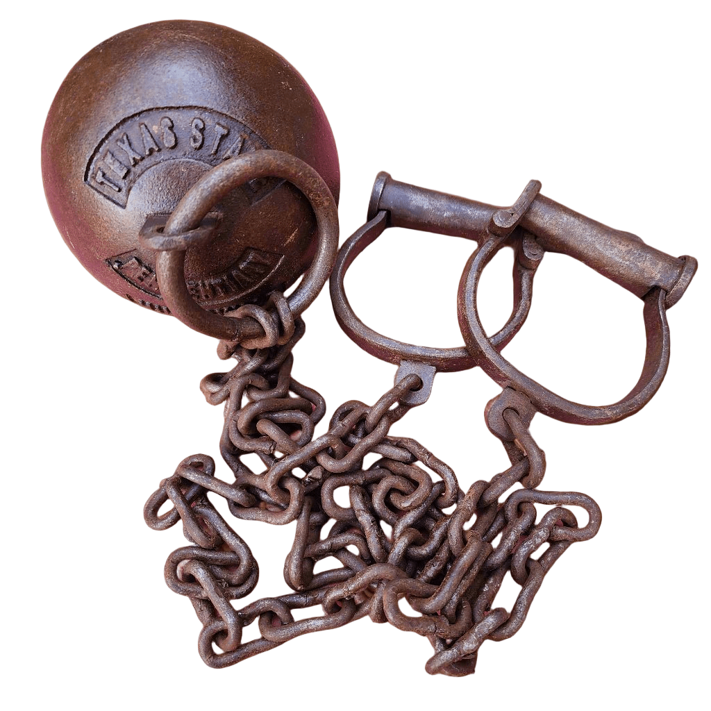 Texas State Penitentiary Cast Iron Working Ball & Chain Leg Irons With Antique Finish (28" Long) - Jones Peak