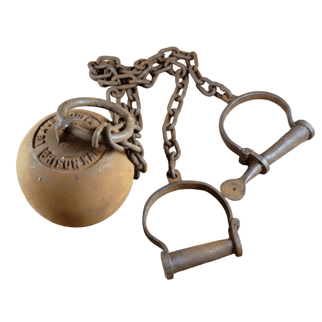 Leavenworth Prison Cast Iron Working Ball & Chain Leg Irons With Antique Finish (28" Long) - Jones Peak