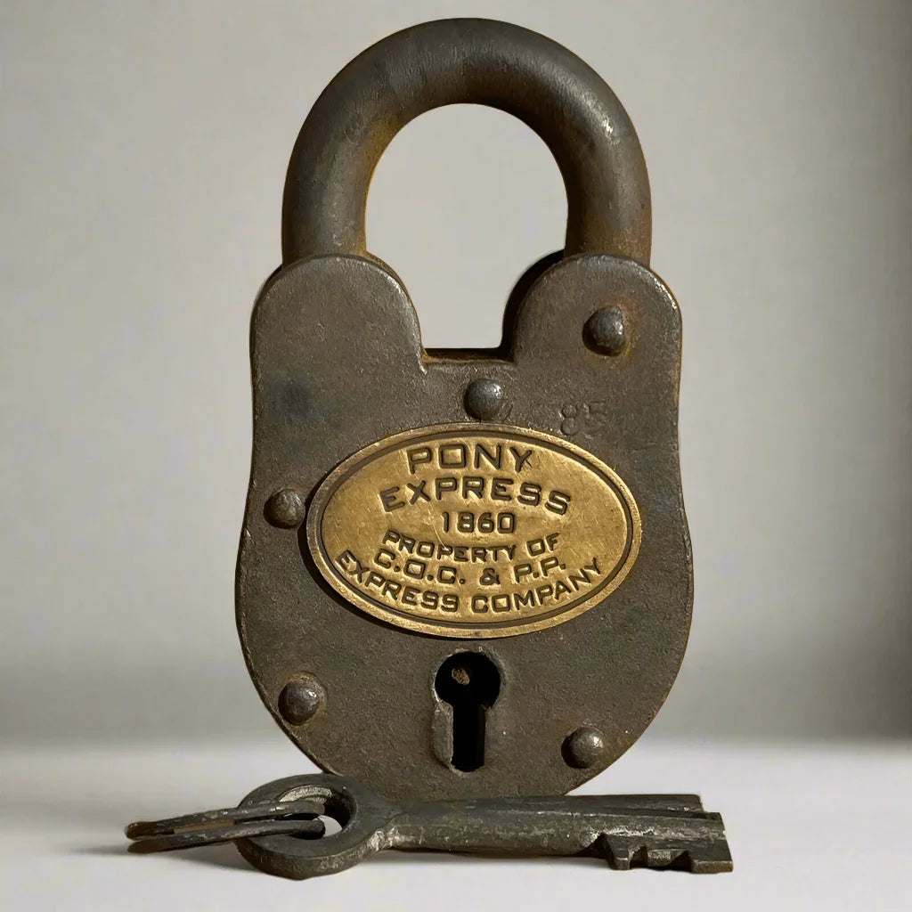 Pony Express 1860 Cast Iron Lock With Brass Tag & 2 Keys (3.75" x 2.25") - Jones Peak