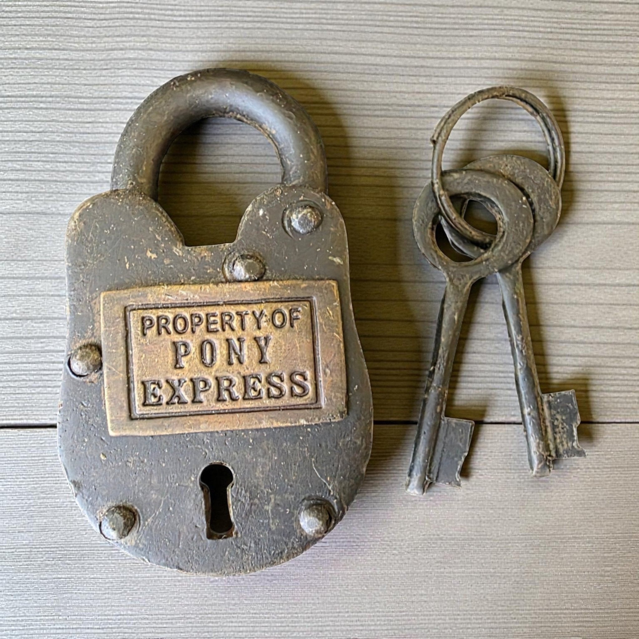 Pony Express 1860 Cast Iron Lock with Brass Tag & Keys — Small - Jones Peak