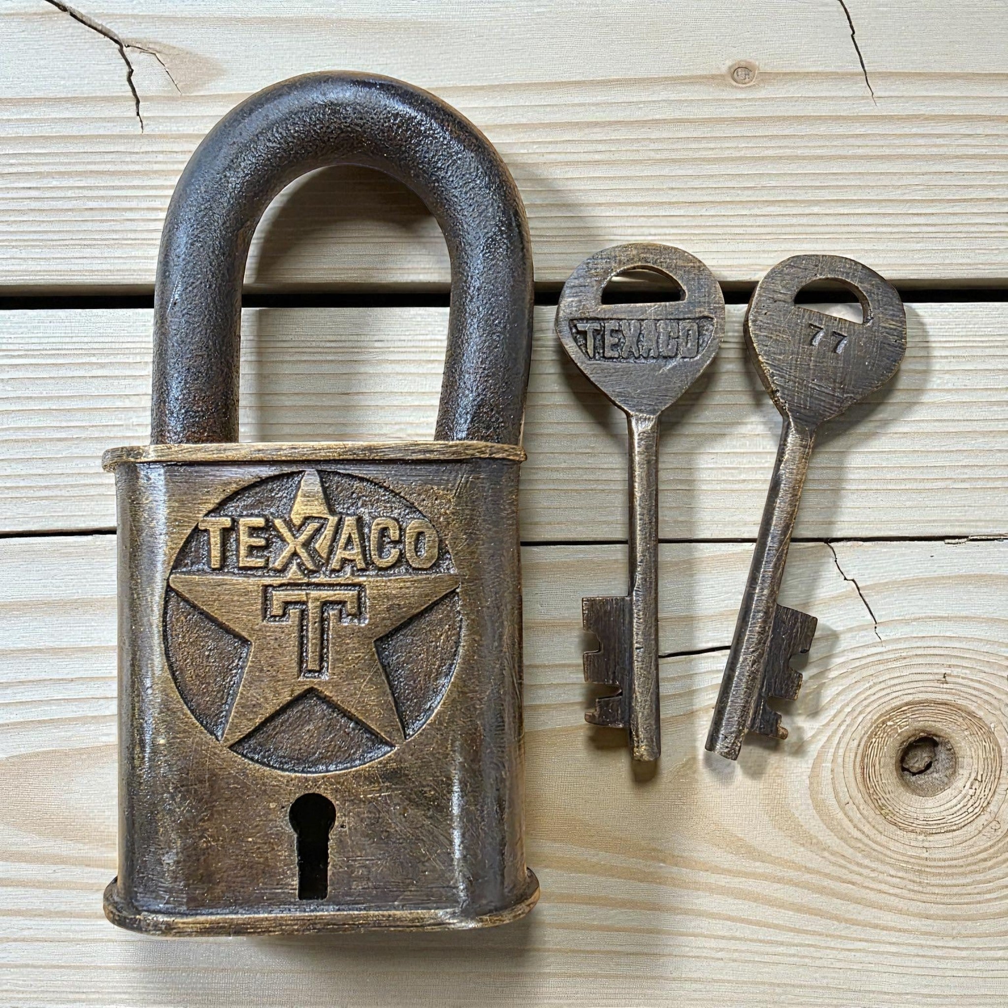 Texaco Station Solid Brass Lock With Keys & Antique Finish (3" x 2") - Jones Peak