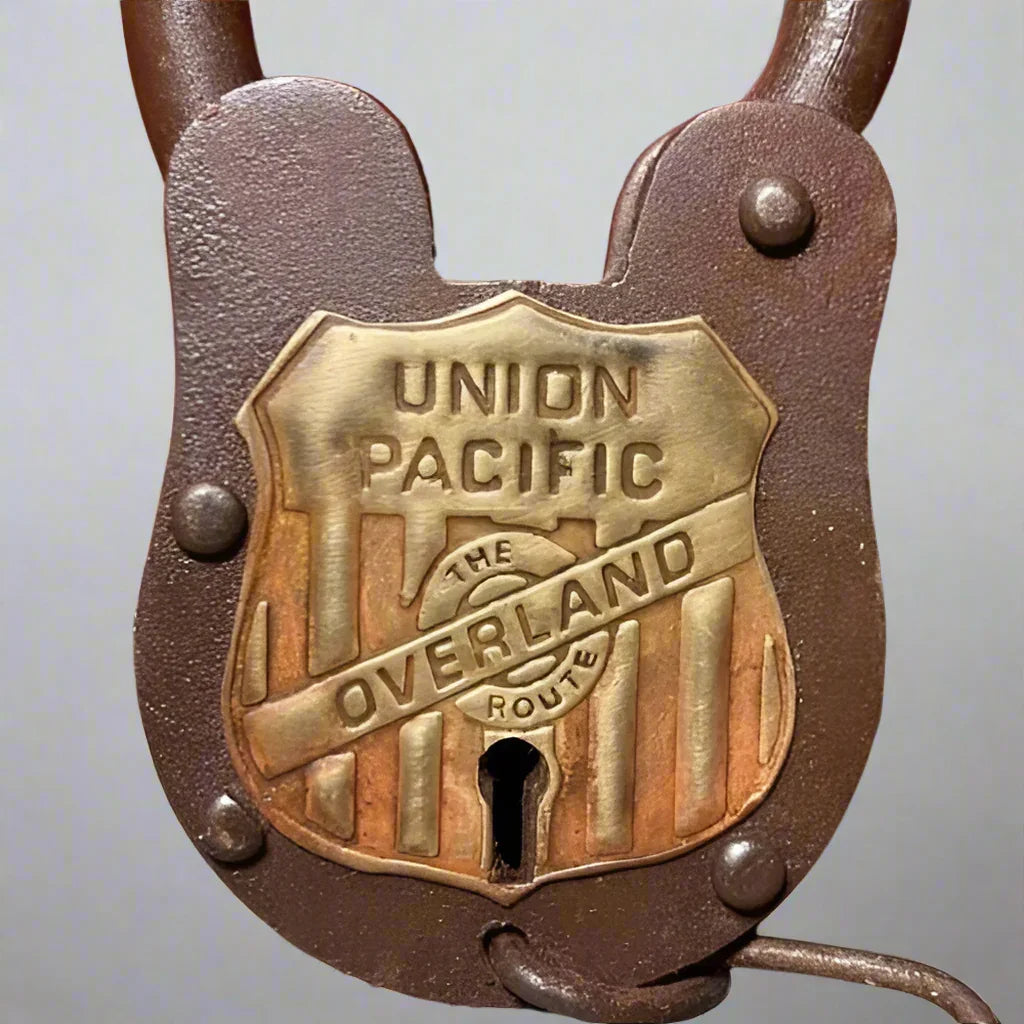 Union Pacific Railroad The Overland Route Cast Iron Lock and Keys With Chain and Antique Finish (5" x 3.5") - Jones Peak