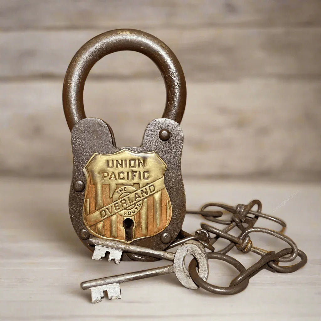 Union Pacific Railroad The Overland Route Cast Iron Lock and Keys With Chain and Antique Finish (5" x 3.5") - Jones Peak