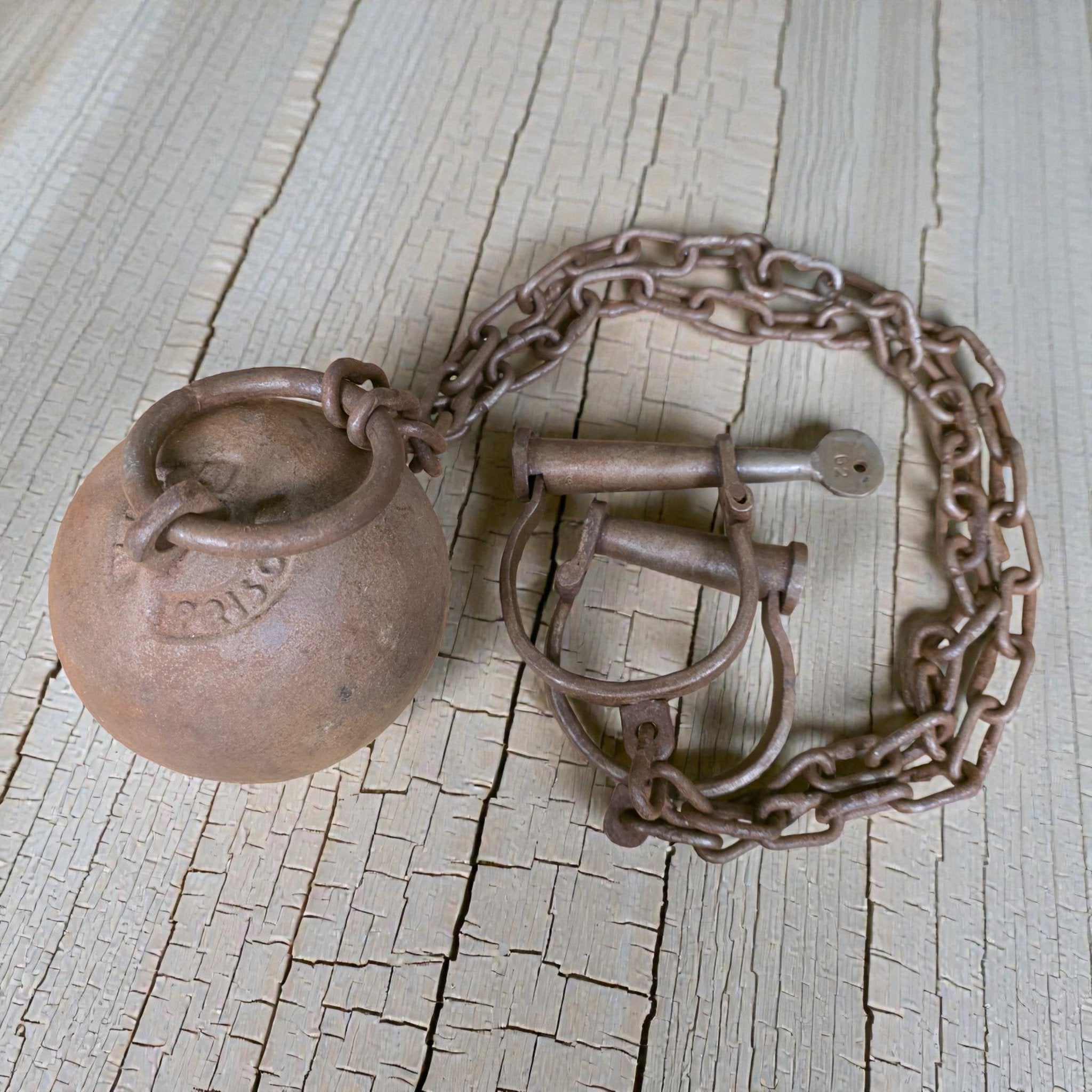 Yuma Prison Cast Iron Working Ball & Chain Leg Irons With Antique Finish (28" Long) - Jones Peak