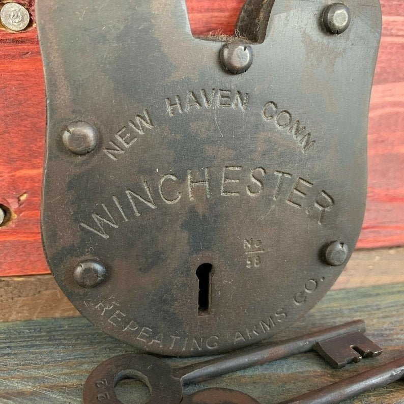 Winchester Repeating Arms Cast Iron Lock & Keys With Antique Finish (3" x 5") - Jones Peak
