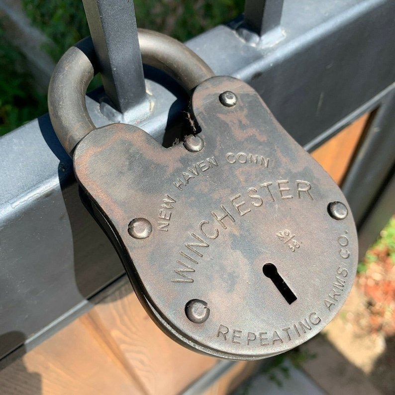 Winchester Repeating Arms Cast Iron Lock & Keys With Antique Finish (3" x 5") - Jones Peak