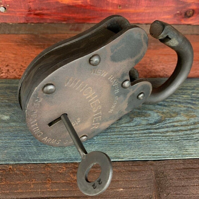 Winchester Repeating Arms Cast Iron Lock & Keys With Antique Finish (3" x 5") - Jones Peak