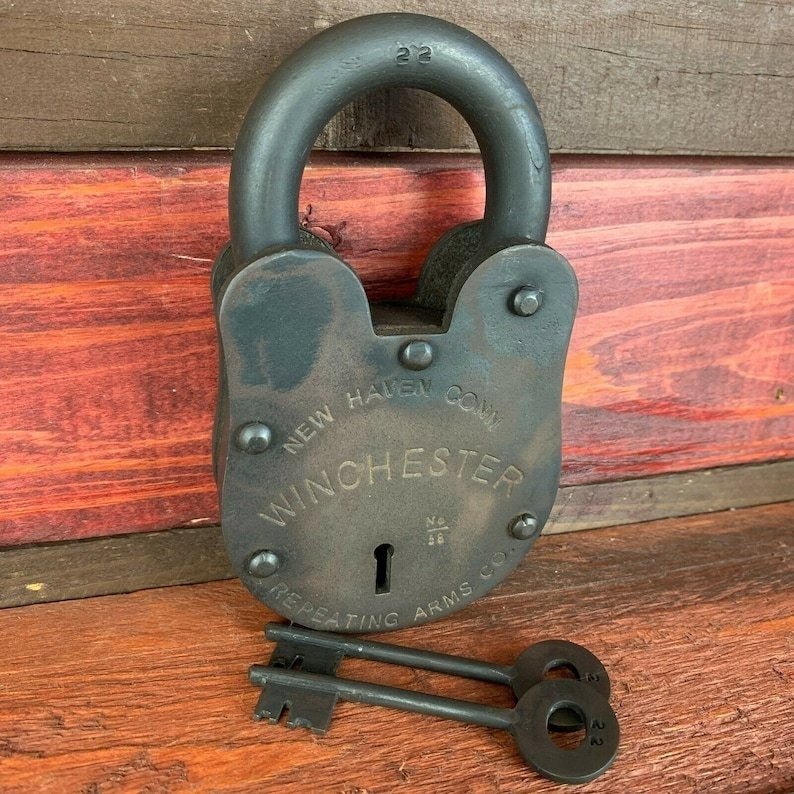 Winchester Repeating Arms Cast Iron Lock & Keys With Antique Finish (3" x 5") - Jones Peak