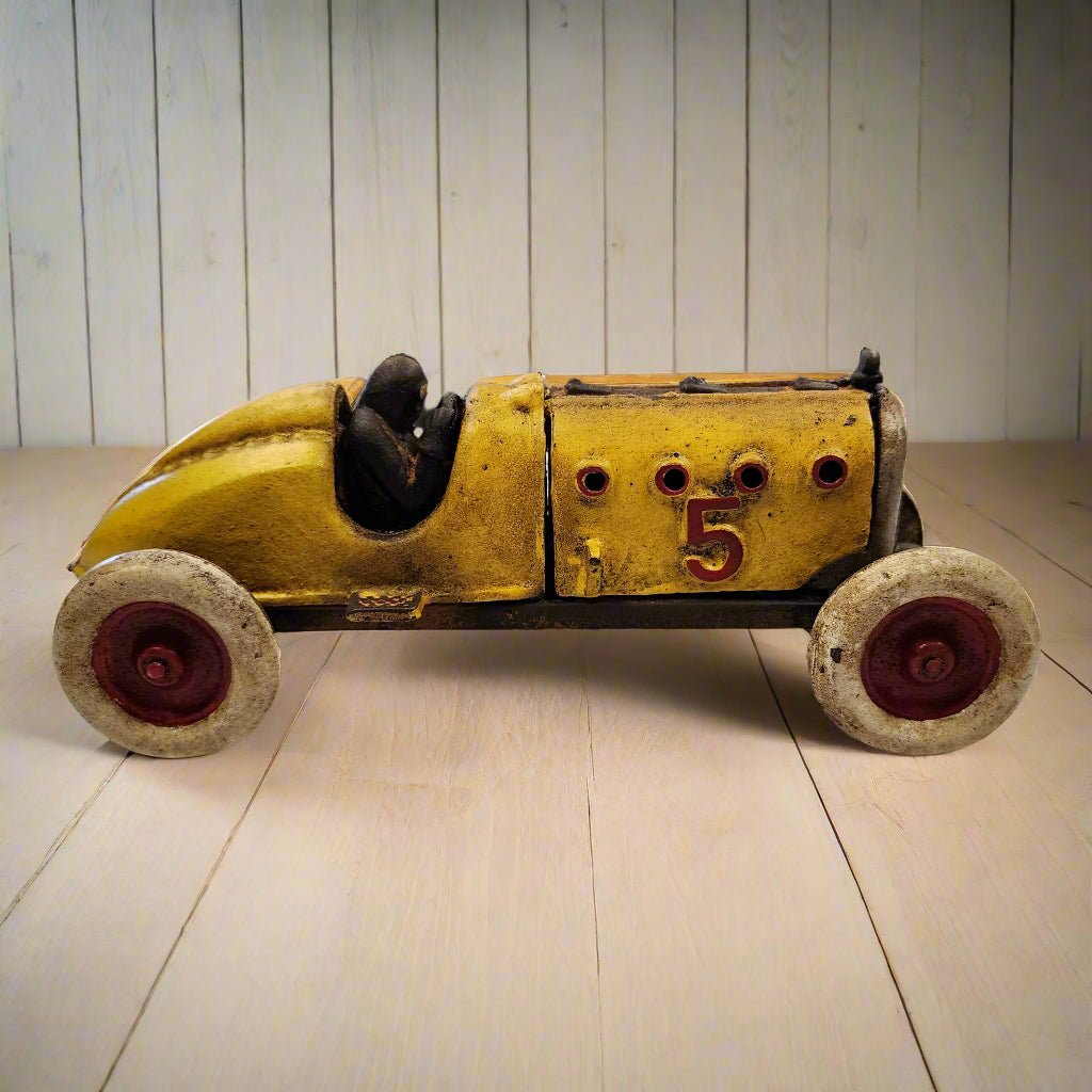Yellow Racer Cast Iron Car With Moving Hood and Wheels (8.5" x 3") - Jones Peak