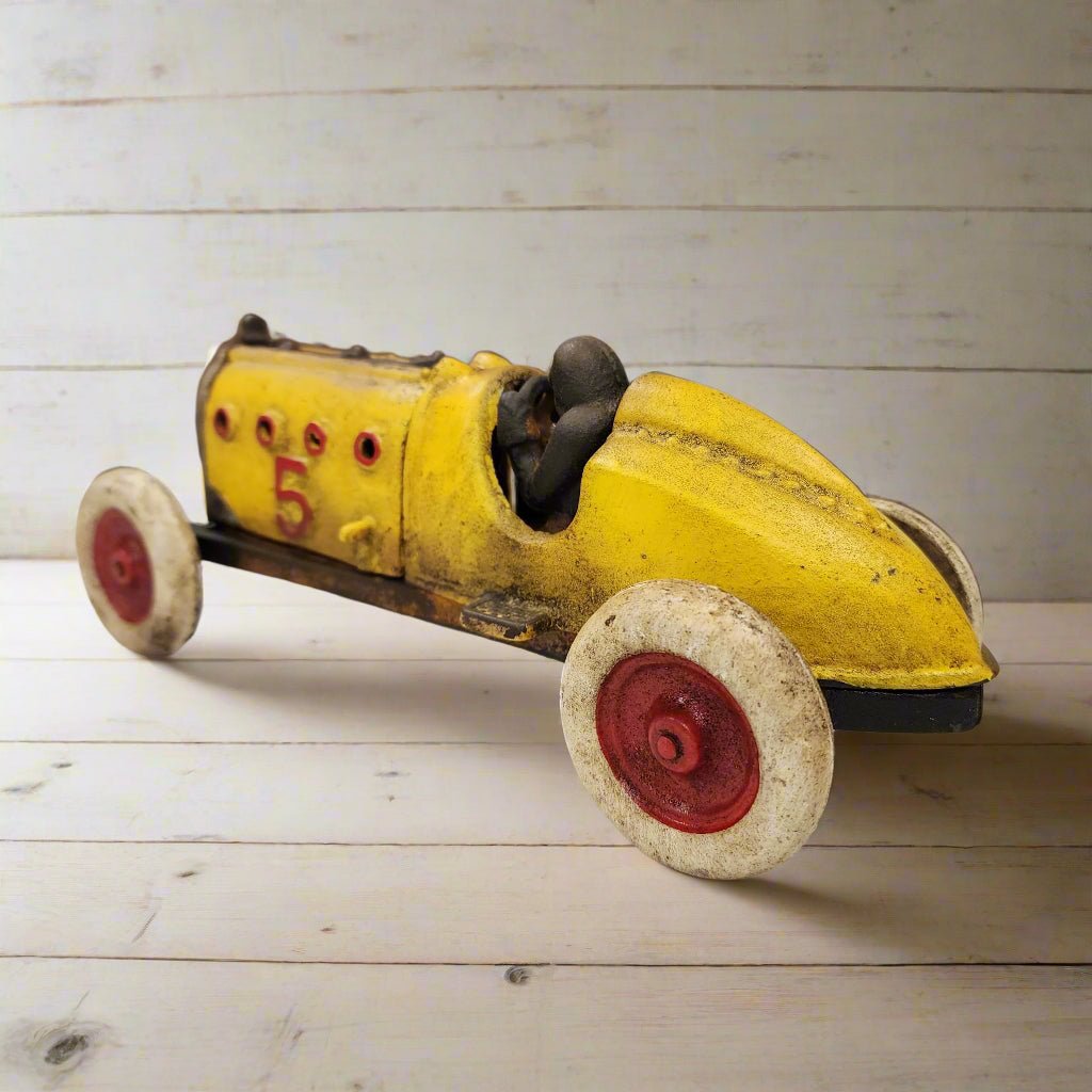 Yellow Racer Cast Iron Car With Moving Hood and Wheels (8.5" x 3") - Jones Peak