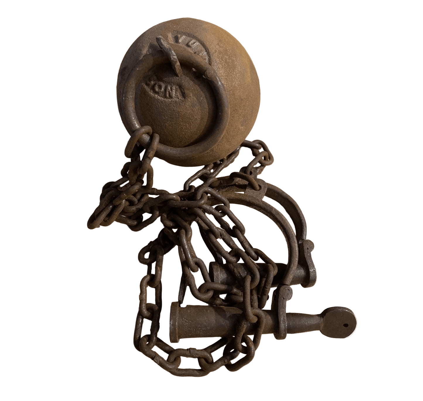 Yuma Prison Cast Iron Working Ball & Chain Leg Irons With Antique Finish (28" Long) - Jones Peak