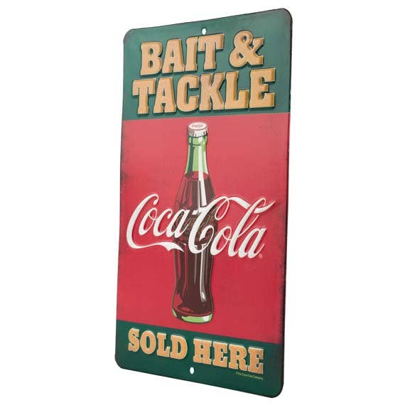 Coca-Cola Bait & Tackle rectangular embossed metal sign with red and green artwork, a glass Coke bottle, and Sold Here lettering.
