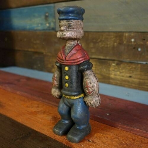 Popeye Sailor Man Cast Iron Coin Bank With Painted Antique Finish (9" Tall)