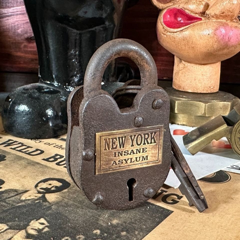 New York Insane Asylum Cast Iron Gate Lock With Brass Tag & Keys (2.5" x 1.5")