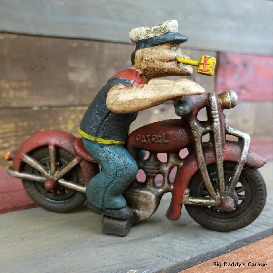 Popeye Sailor Man Patrol HD Motorcycle Figurine Cast Iron Painted With Antique Finish (8" x 6")