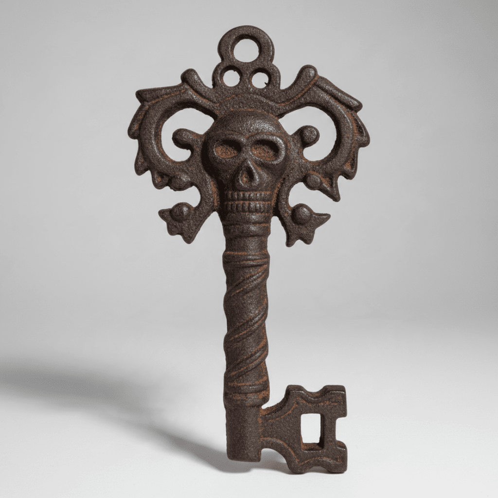 Jones Peak decorative cast iron key featuring an embossed pirate skull design with a hand-antiqued distressed finish.