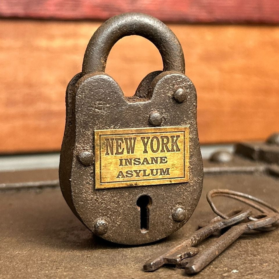 New York Insane Asylum Cast Iron Gate Lock With Brass Tag & Keys (2.5" x 1.5")