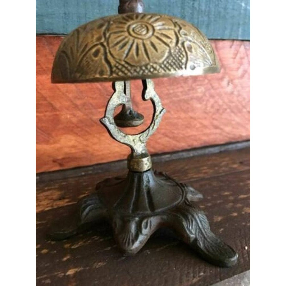 Hotel Desk Bell On Stand Solid Brass With Floral Engraving And Antique Patina Finish (5" x 3.5")