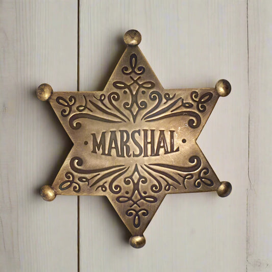 Marshall Old West Solid Brass Badge With Antique Finish & Soldered Pin (3" x 2.25")