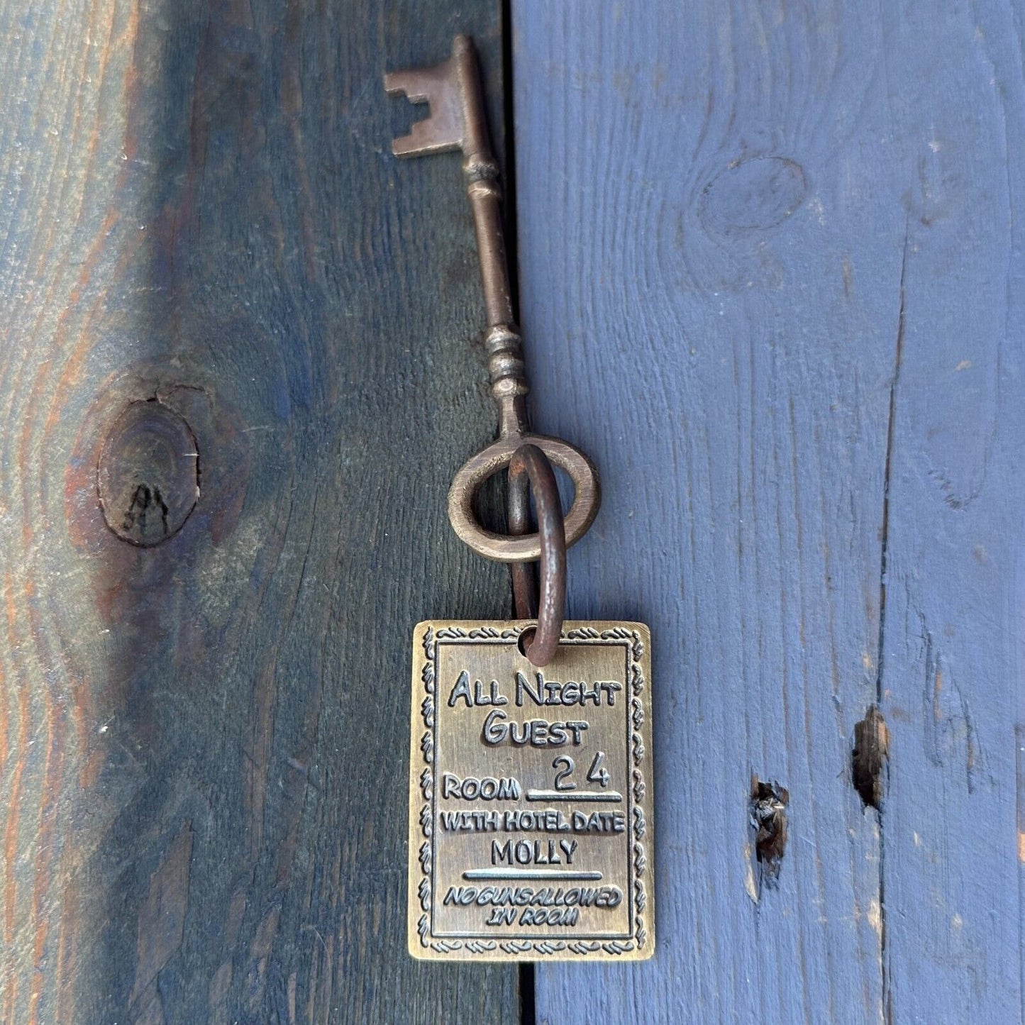 Gem's Saloon 1886 Tombstone Brothel Room Brass Tag & Key With Antique Finish (6.5" Long)