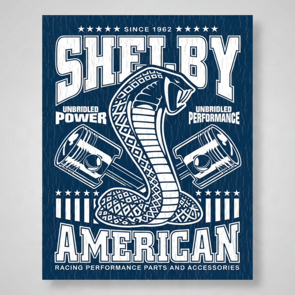 Jones Peak Shelby Unbridled metal sign featuring a blue and white cobra and piston design with a distressed finish.